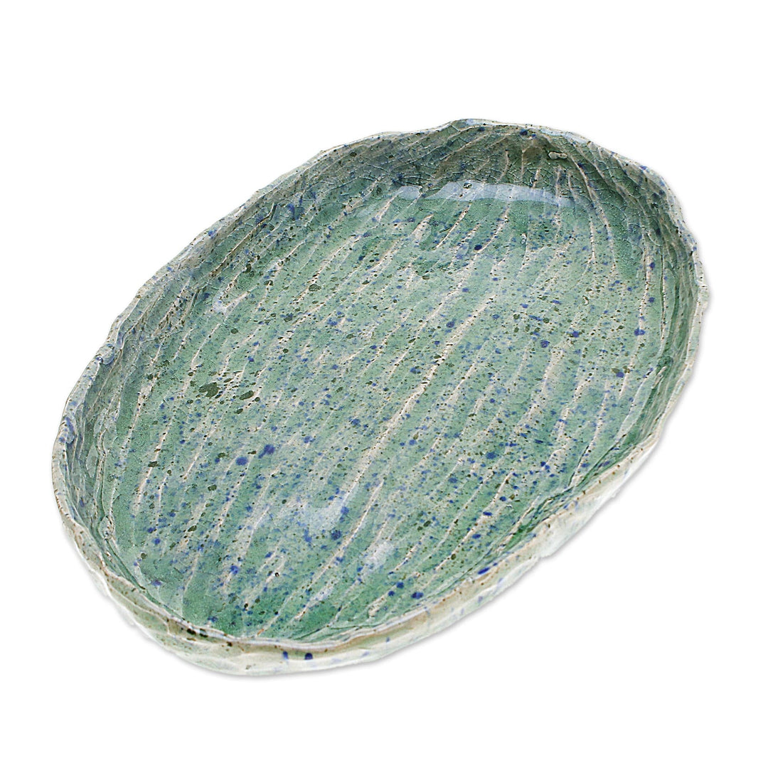 Ocean-Inspired Blue Oval Celadon Ceramic Appetizer Plate - Waves of Elegance