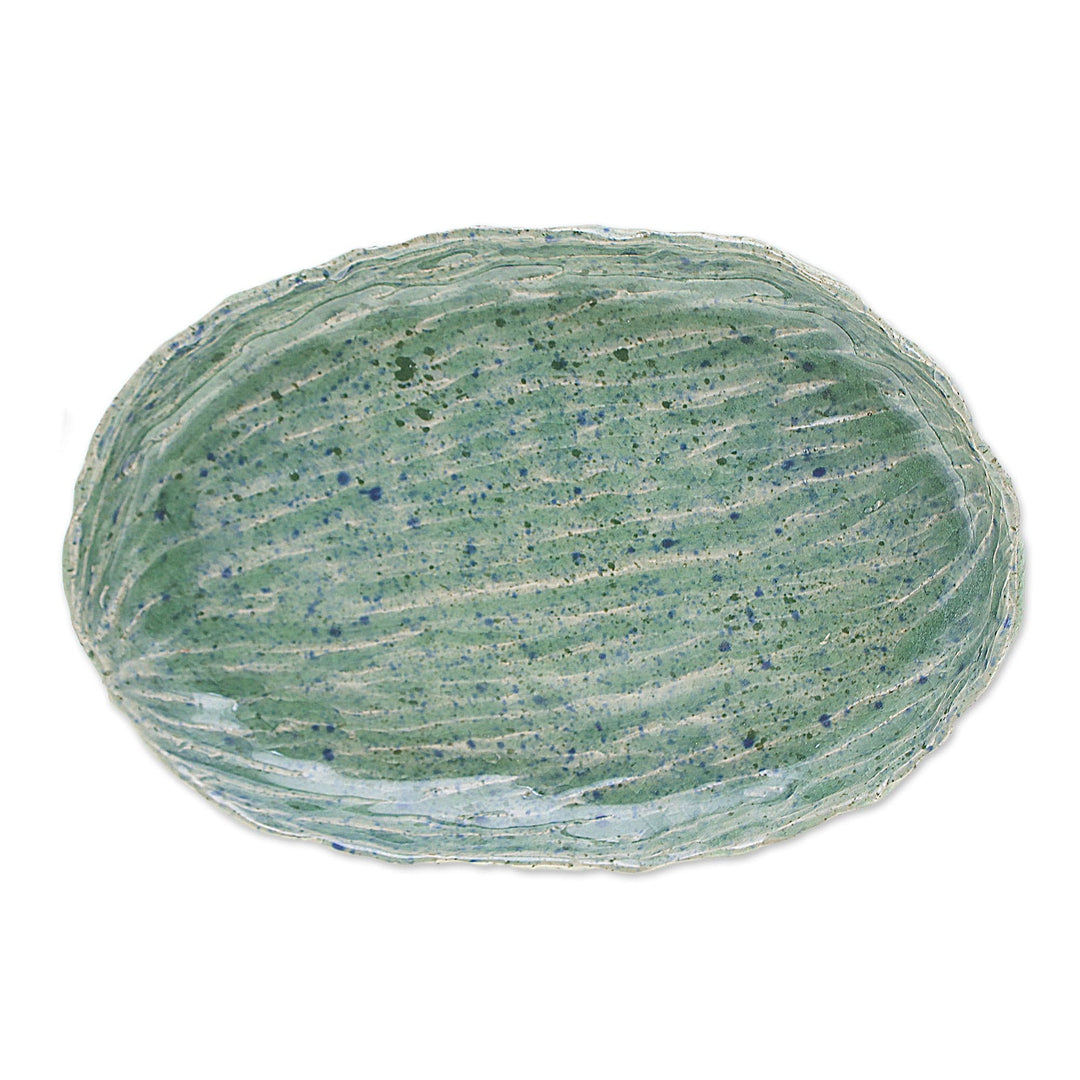 Ocean-Inspired Blue Oval Celadon Ceramic Appetizer Plate - Waves of Elegance