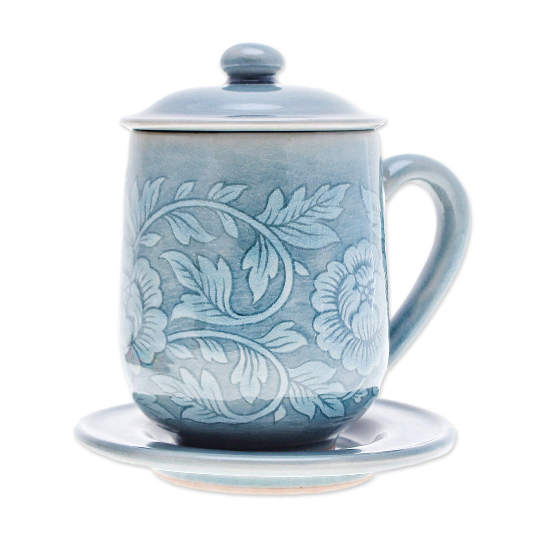 Classic Crackled Blue Celadon Ceramic Covered Cup and Saucer - Luxury Peony in Blue