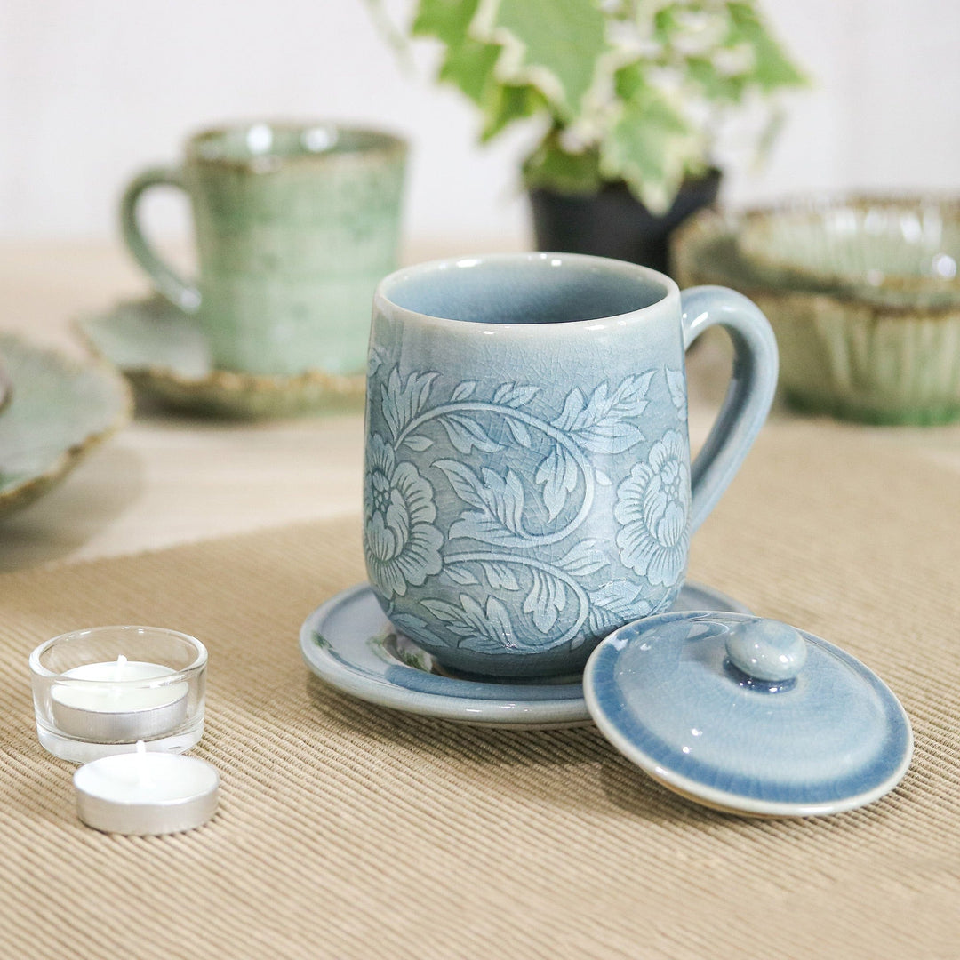Classic Crackled Blue Celadon Ceramic Covered Cup and Saucer - Luxury Peony in Blue