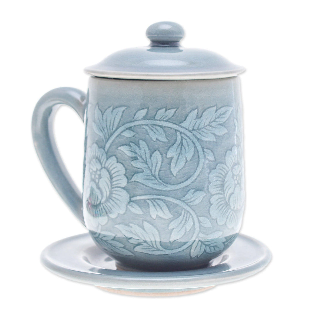 Classic Crackled Blue Celadon Ceramic Covered Cup and Saucer - Luxury Peony in Blue