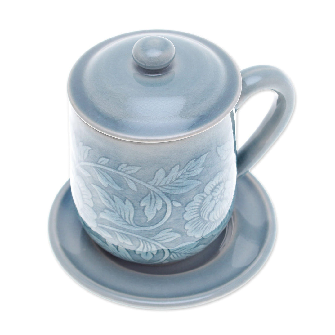 Classic Crackled Blue Celadon Ceramic Covered Cup and Saucer - Luxury Peony in Blue