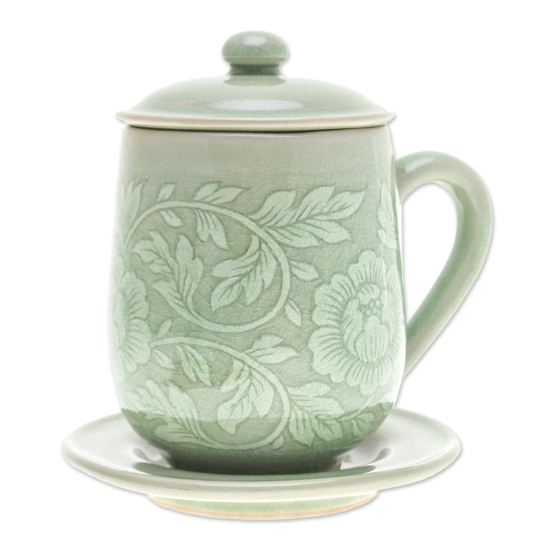 Floral Crackled Green Celadon Ceramic Covered Cup and Saucer - Luxury Peony in Green