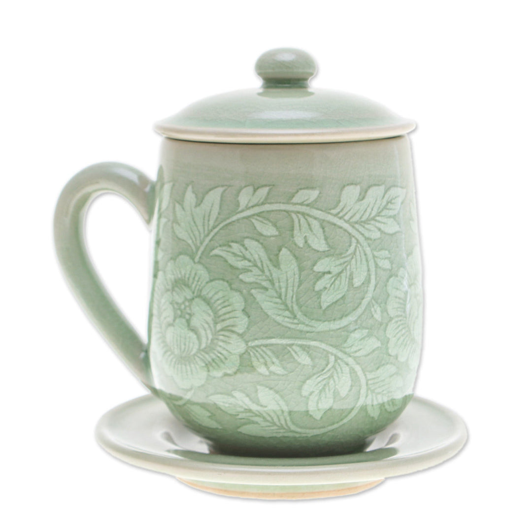 Floral Crackled Green Celadon Ceramic Covered Cup and Saucer - Luxury Peony in Green