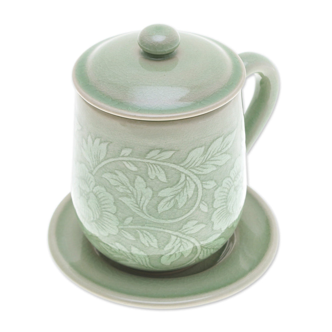 Floral Crackled Green Celadon Ceramic Covered Cup and Saucer - Luxury Peony in Green
