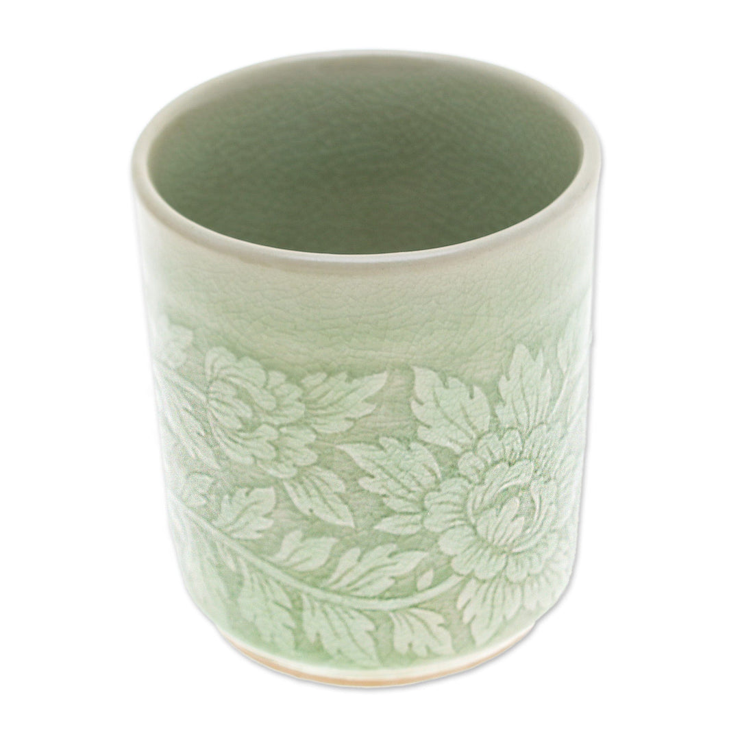 Leafy and Floral Green Ceramic Teacup with Crackled Finish - Wealthy Peony