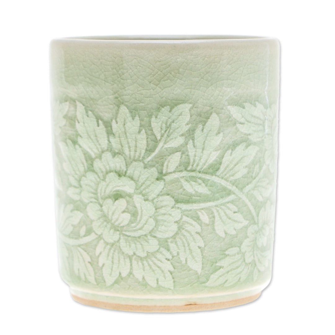 Leafy and Floral Green Ceramic Teacup with Crackled Finish - Wealthy Peony