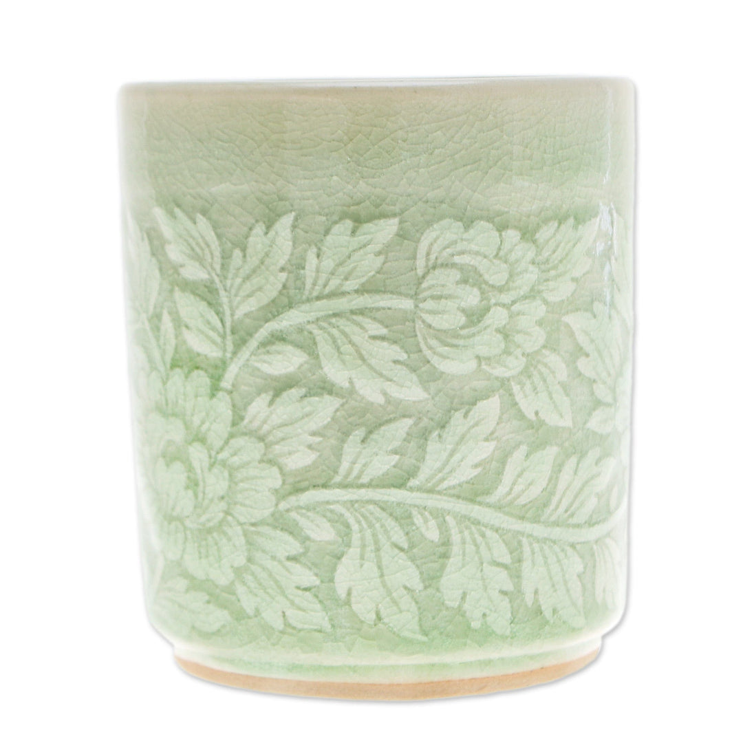 Leafy and Floral Green Ceramic Teacup with Crackled Finish - Wealthy Peony
