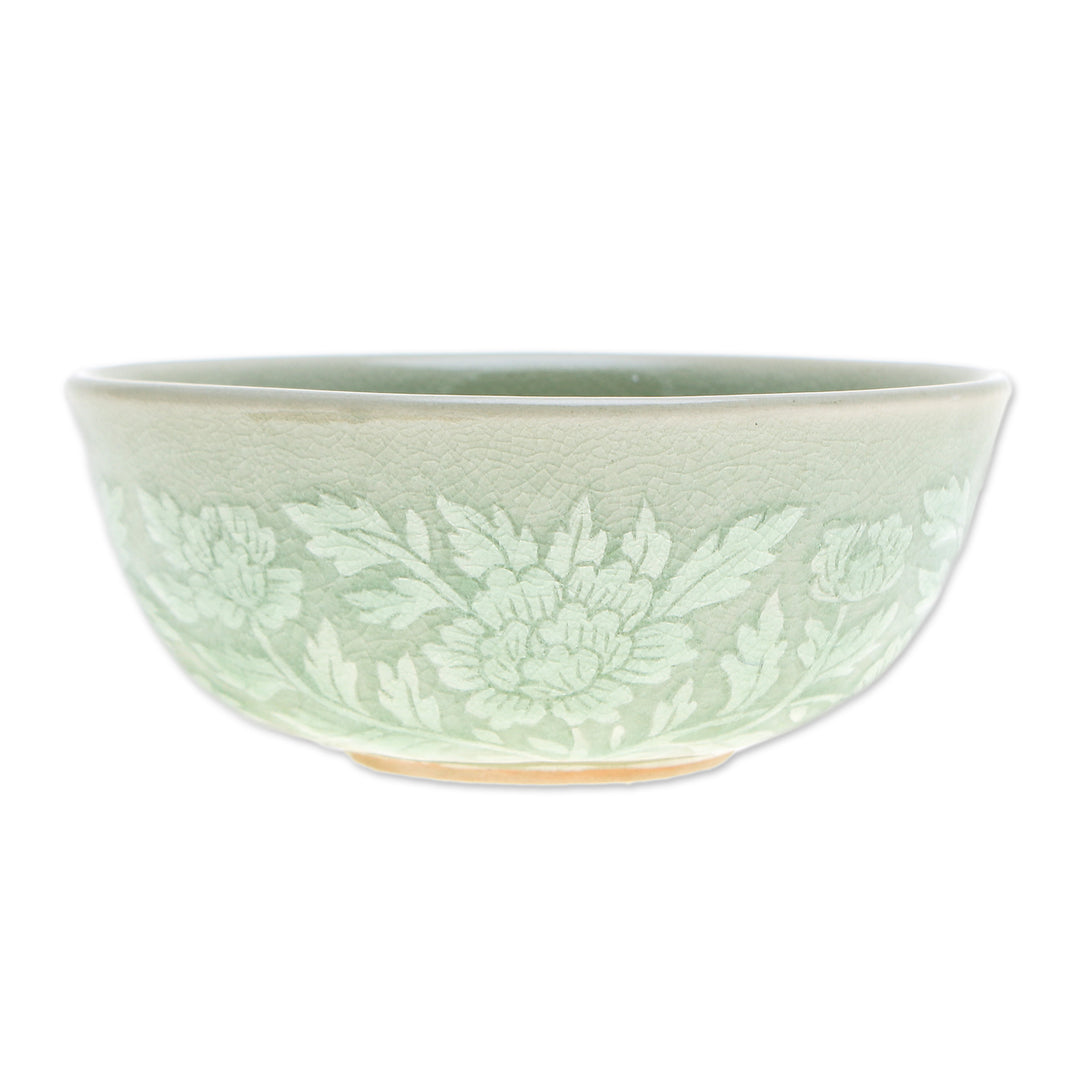 Leafy and Floral Green Ceramic Bowl with Crackled Finish - Wealthy Peony