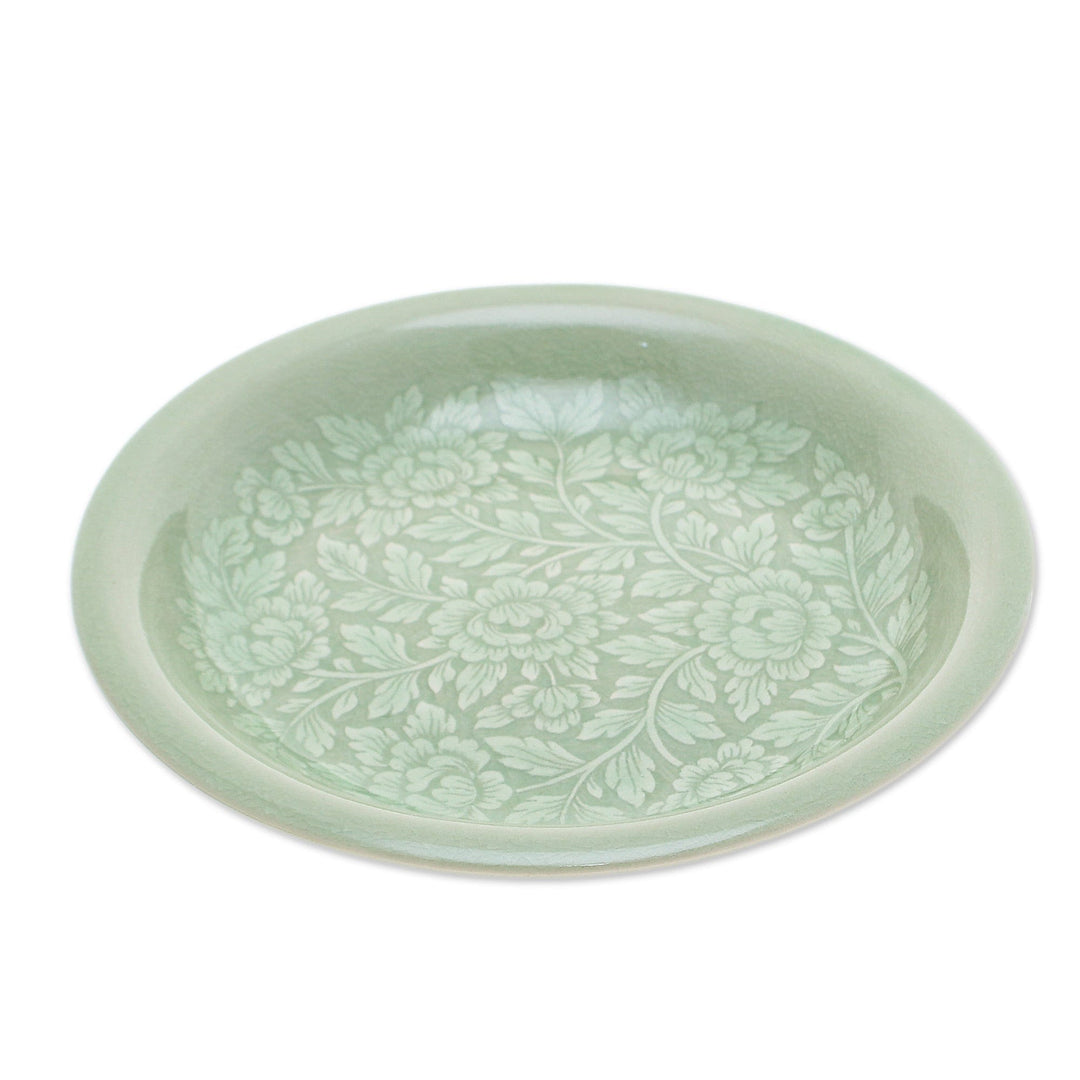 Floral Green Ceramic Luncheon Plate with Crackled Finish - Wealthy Peony