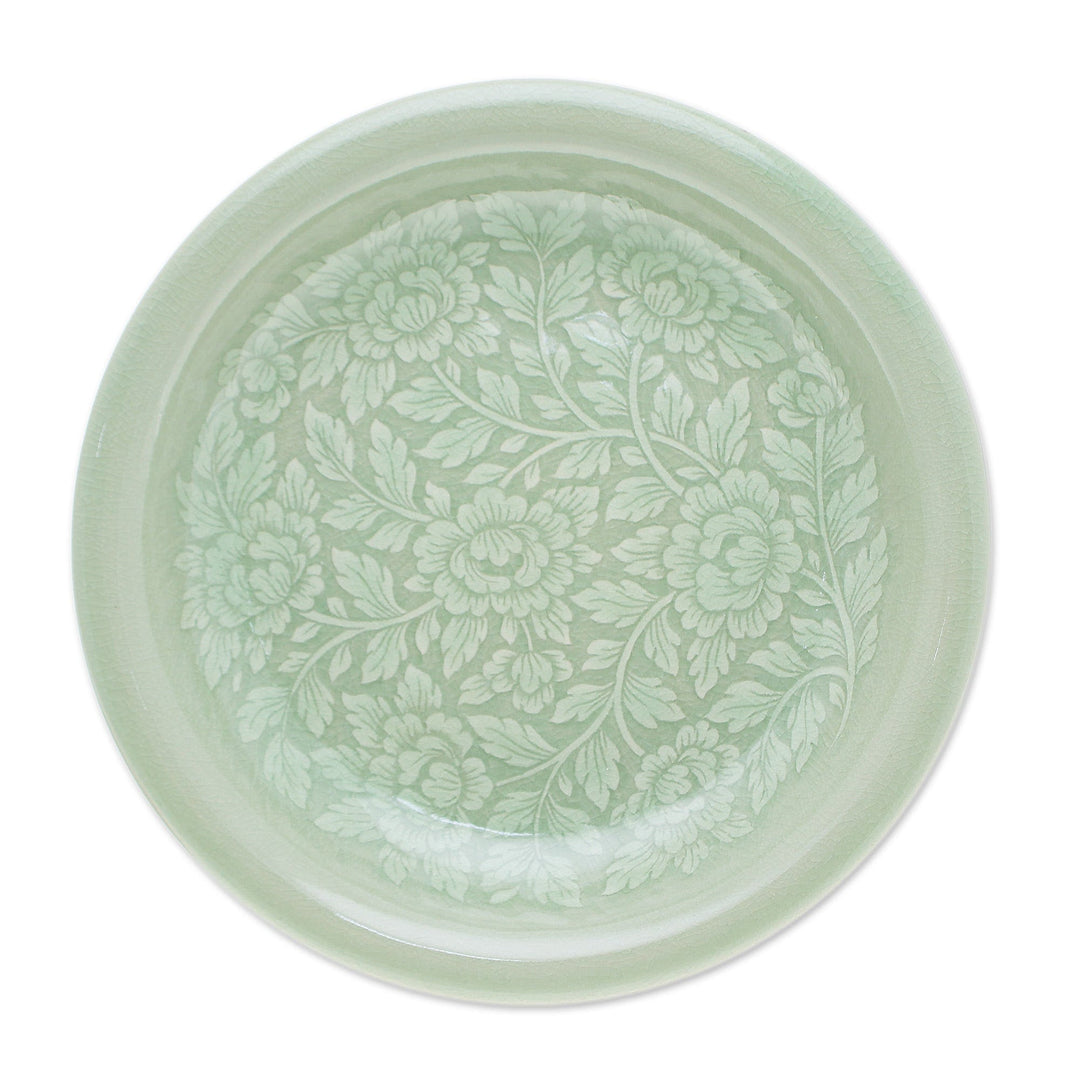 Floral Green Ceramic Luncheon Plate with Crackled Finish - Wealthy Peony