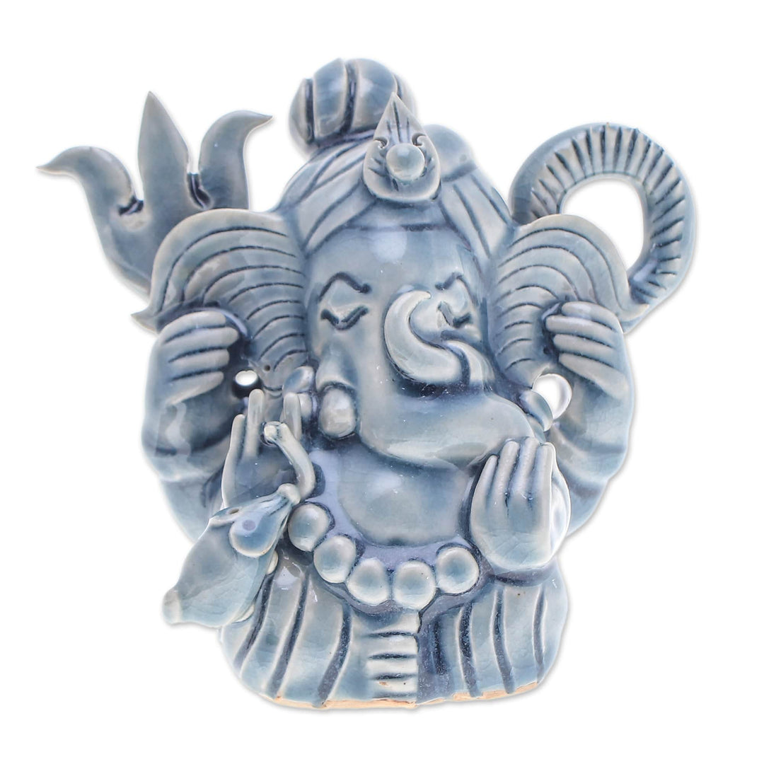 Traditional Crackled Blue Celadon Ceramic Ganesha Sculpture - Ganesha Divinity