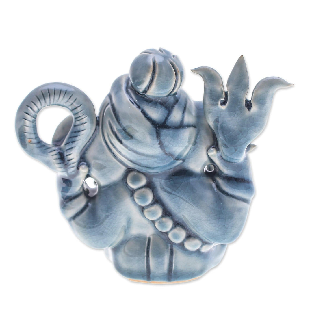Traditional Crackled Blue Celadon Ceramic Ganesha Sculpture - Ganesha Divinity