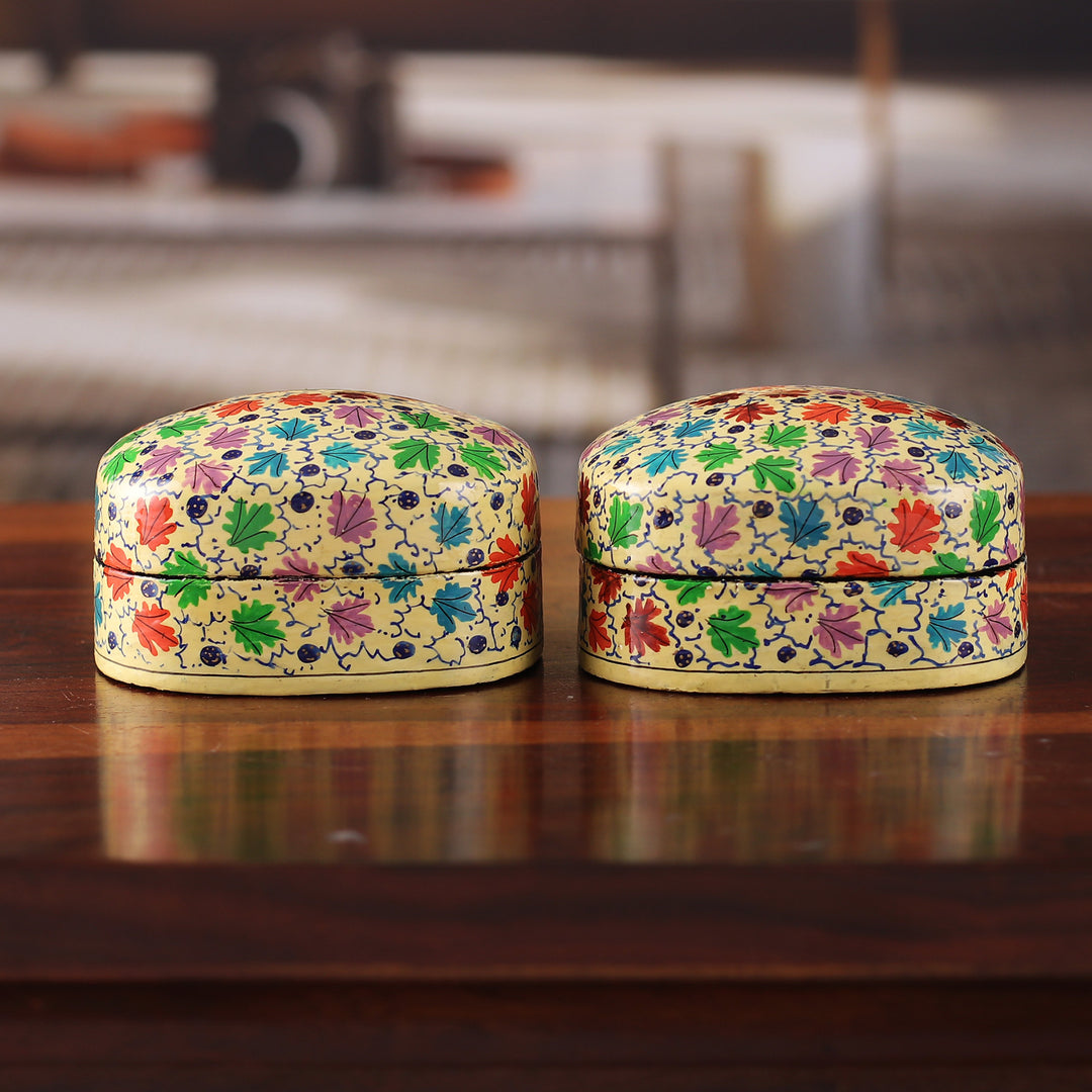Leafy Papier Mache and Wood Decorative Boxes (Set of 2) - Chinar Bliss
