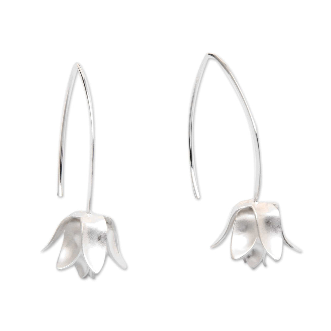 Brushed-Satin Sterling Silver Lotus Flower Drop Earrings - Fragrant Lotus