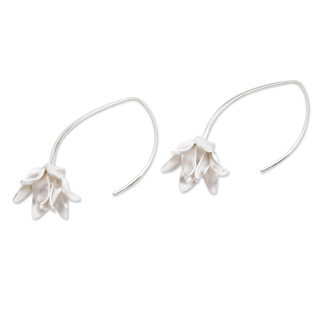 Brushed-Satin Sterling Silver Lotus Flower Drop Earrings - Fragrant Lotus
