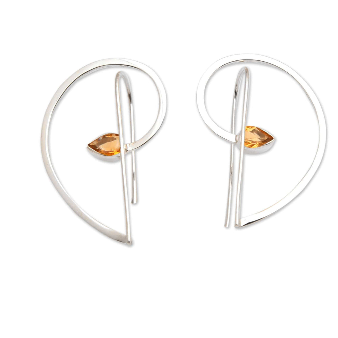 Half-Heart Shaped Sterling Silver and Citrine Drop Earrings - Melody of the Heart in Yellow