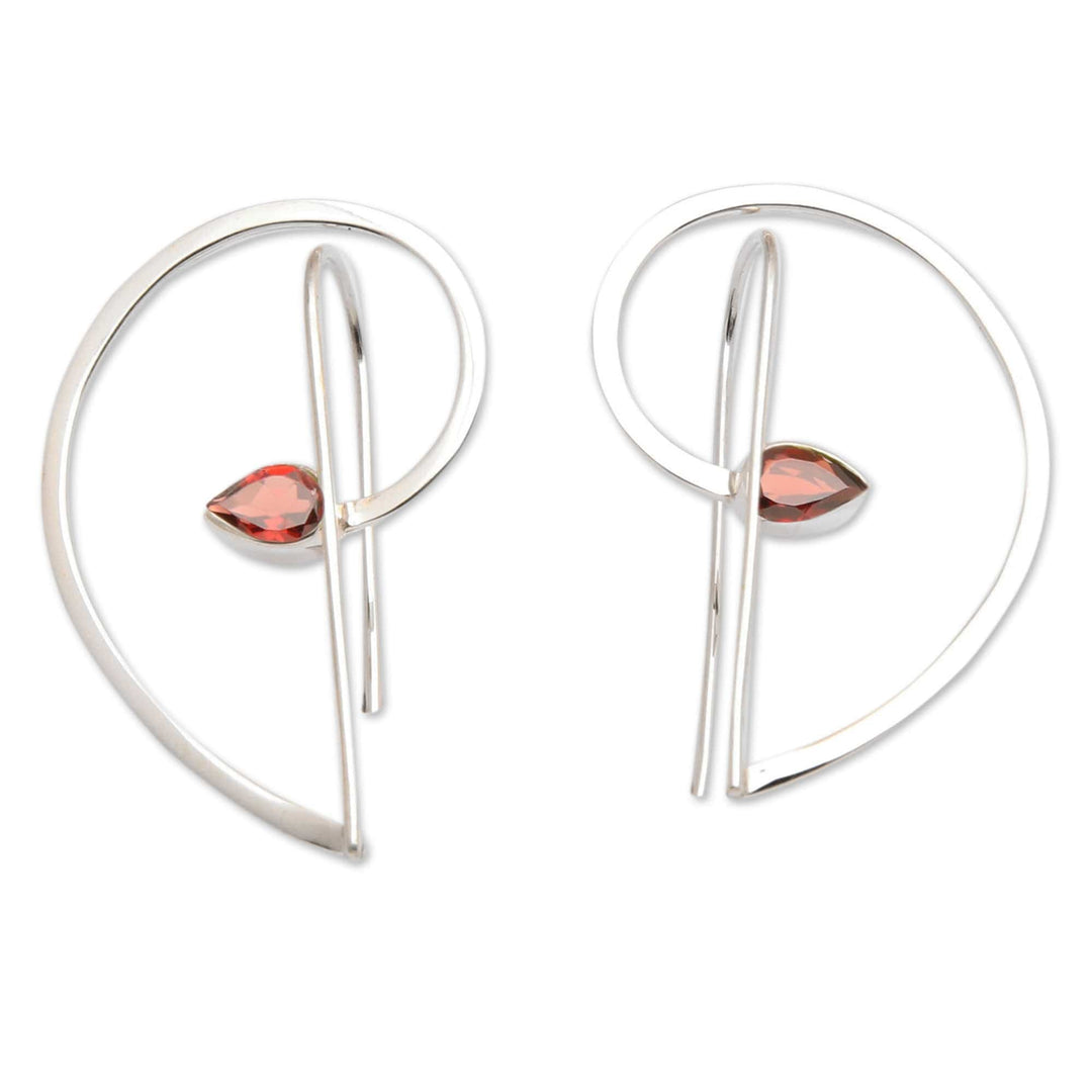 Half-Heart Shaped Sterling Silver and Garnet Drop Earrings - Melody of the Heart in Red