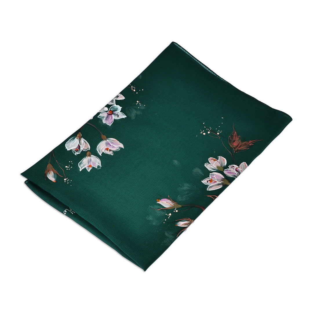 Hand-Painted Floral-Themed Soft Green 100% Silk Scarf - Harmonious Blooming