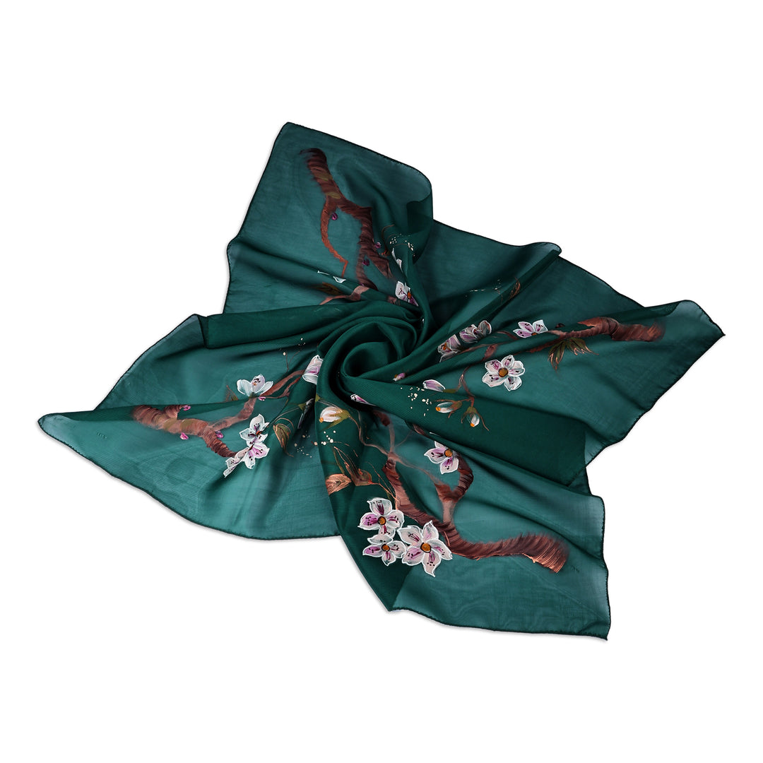 Hand-Painted Floral-Themed Soft Green 100% Silk Scarf - Harmonious Blooming