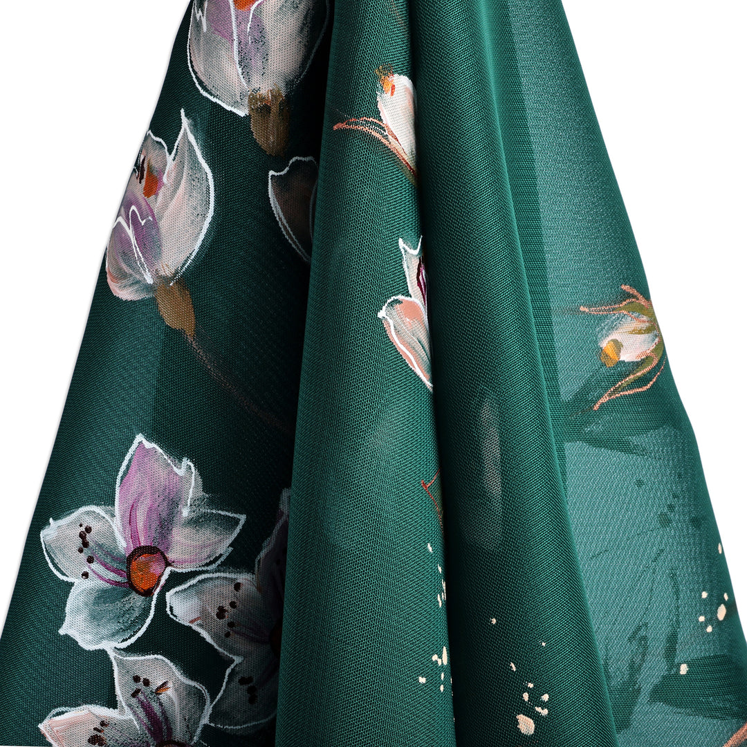Hand-Painted Floral-Themed Soft Green 100% Silk Scarf - Harmonious Blooming