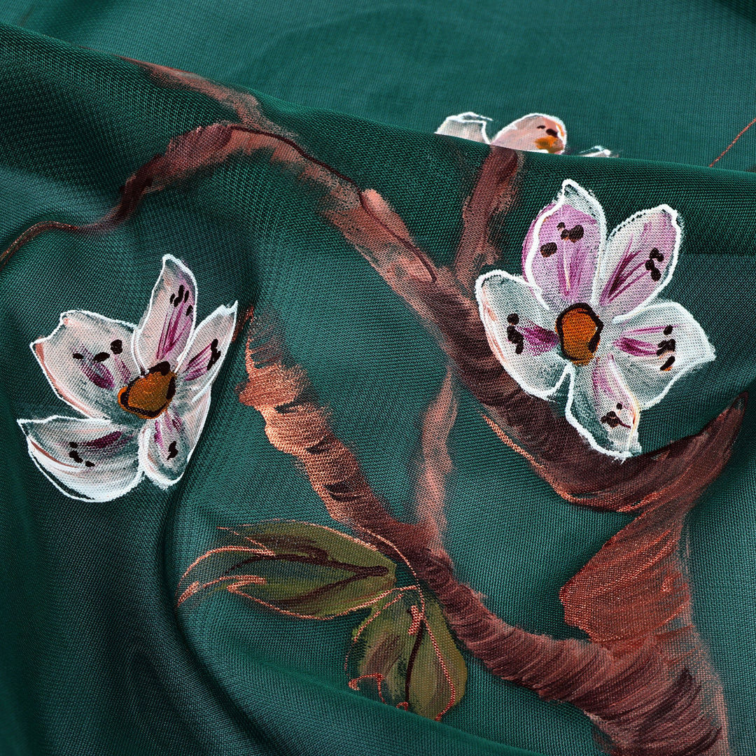 Hand-Painted Floral-Themed Soft Green 100% Silk Scarf - Harmonious Blooming