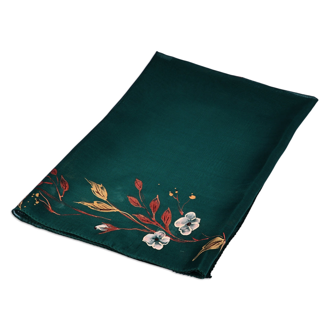 Leafy and Floral Hand-Painted Soft Green Silk Scarf - Harmonious Season