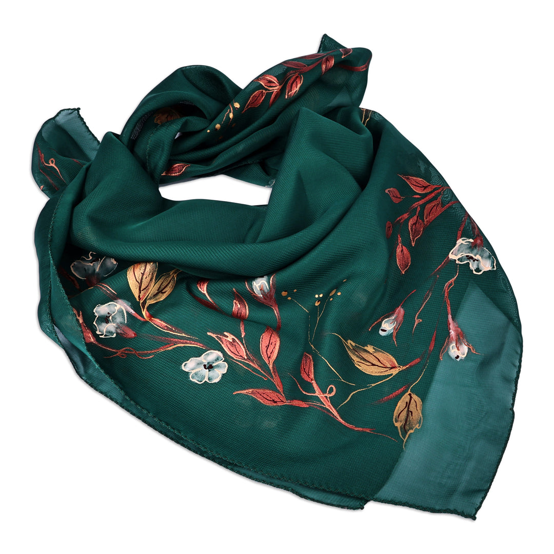 Leafy and Floral Hand-Painted Soft Green Silk Scarf - Harmonious Season