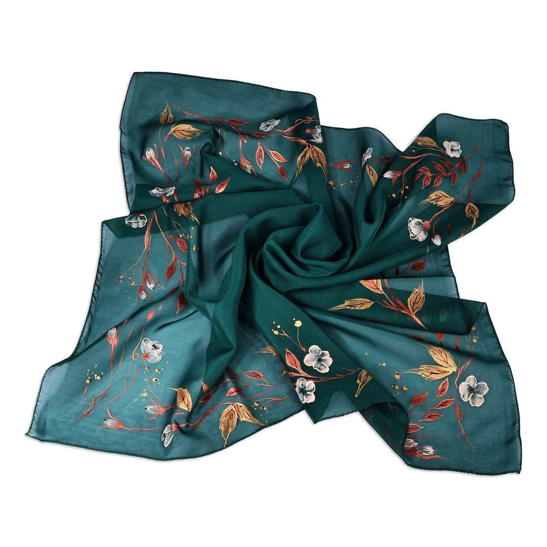 Leafy and Floral Hand-Painted Soft Green Silk Scarf - Harmonious Season