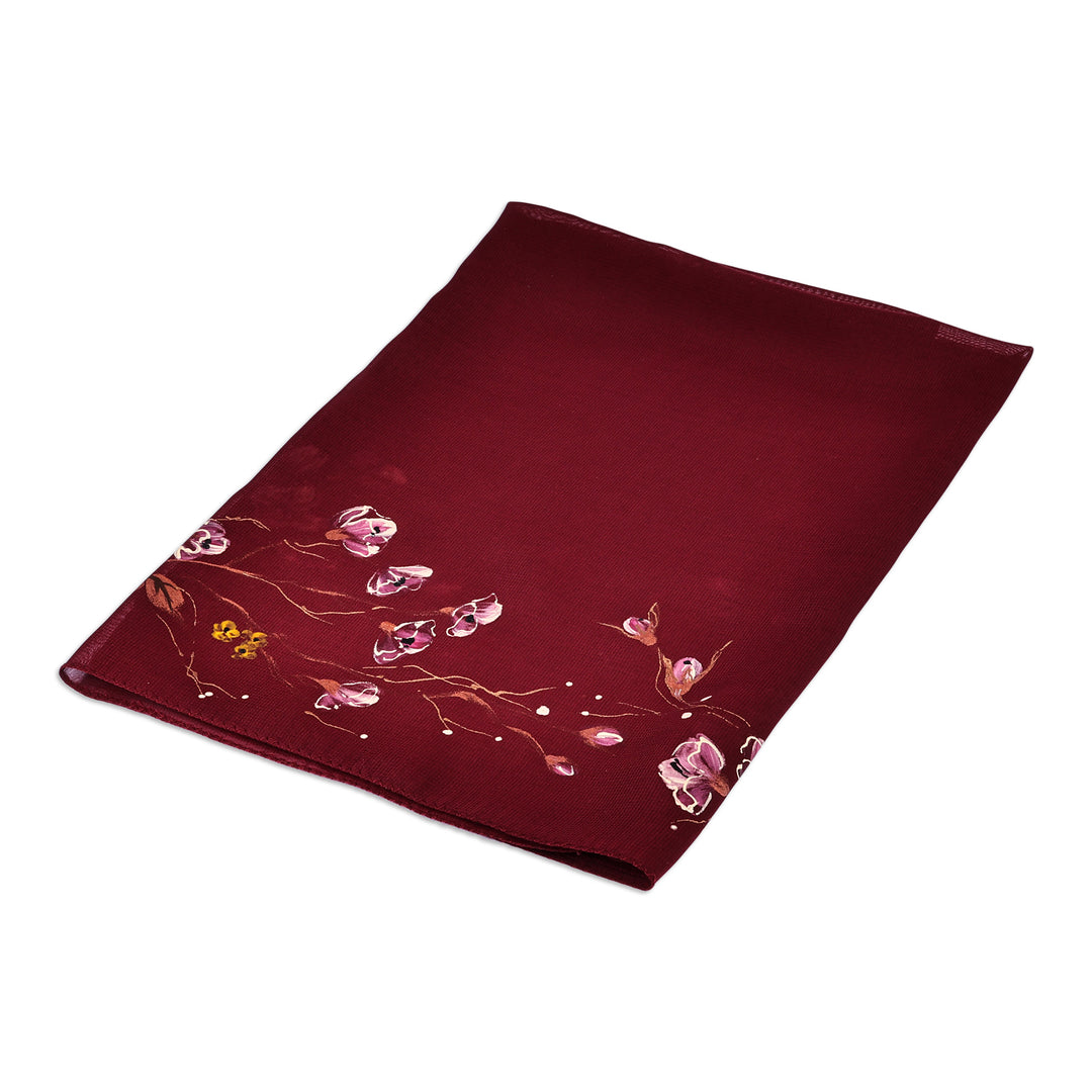 Leafy and Floral Hand-Painted Soft Burgundy Silk Scarf - Regal Season