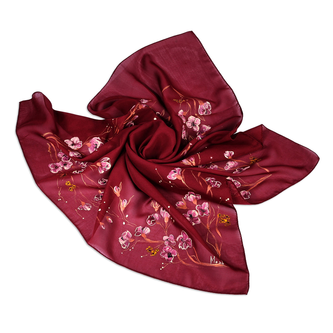 Leafy and Floral Hand-Painted Soft Burgundy Silk Scarf - Regal Season
