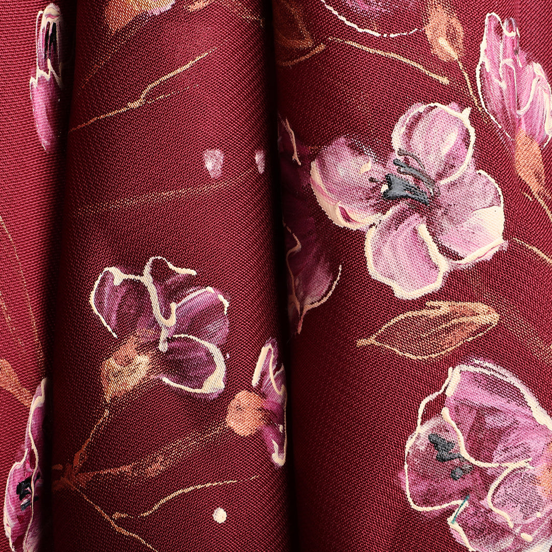 Leafy and Floral Hand-Painted Soft Burgundy Silk Scarf - Regal Season