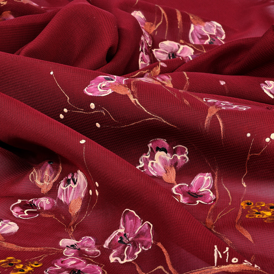 Leafy and Floral Hand-Painted Soft Burgundy Silk Scarf - Regal Season