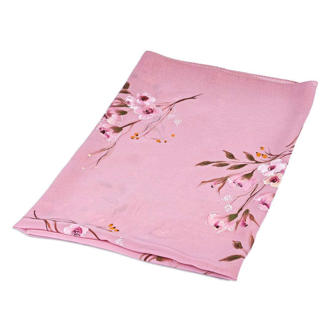 Hand-Painted Floral-Themed Soft Pink 100% Silk Scarf - Sweet Blooming