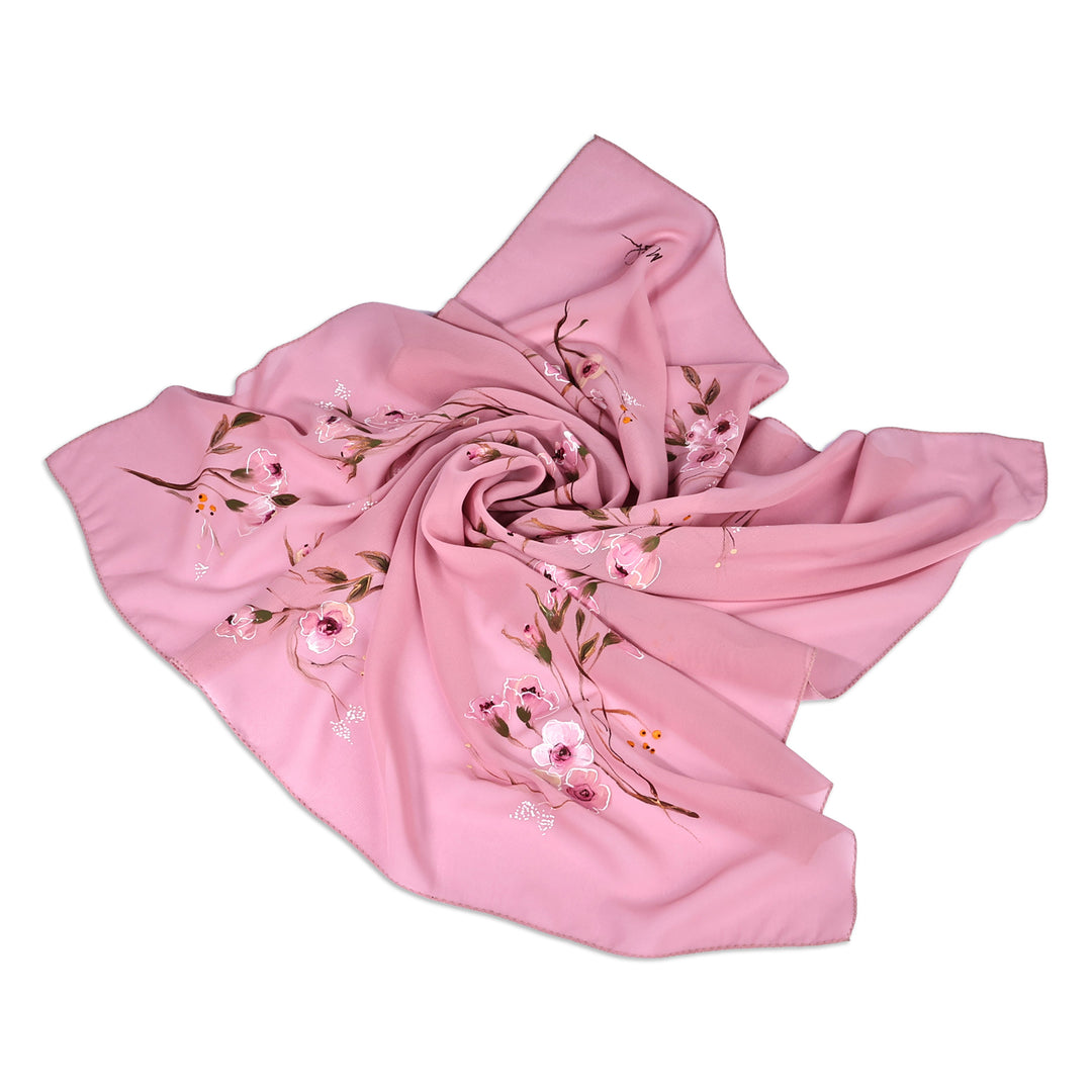 Hand-Painted Floral-Themed Soft Pink 100% Silk Scarf - Sweet Blooming