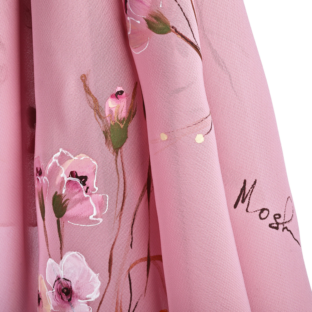 Hand-Painted Floral-Themed Soft Pink 100% Silk Scarf - Sweet Blooming