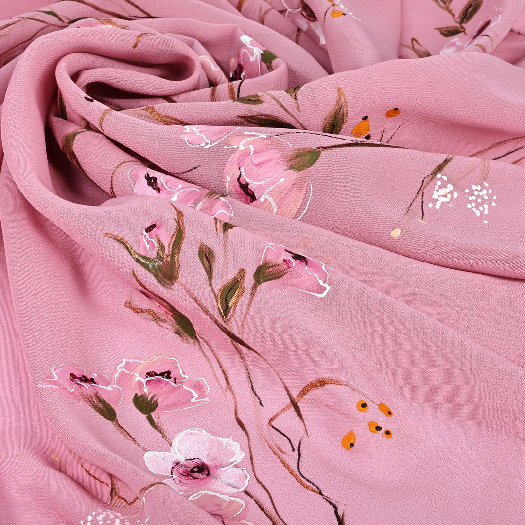 Hand-Painted Floral-Themed Soft Pink 100% Silk Scarf - Sweet Blooming