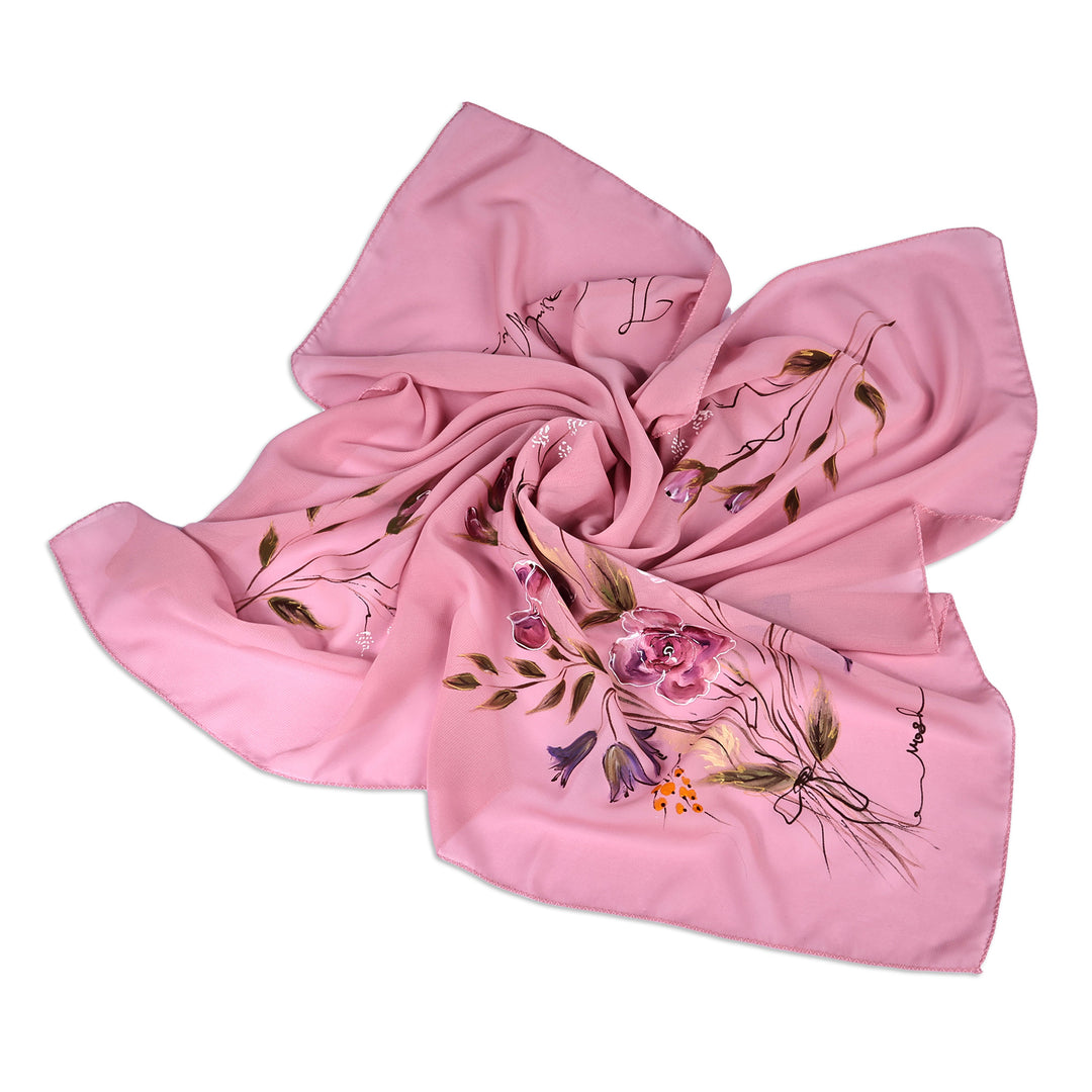 Floral Hand-Painted 100% Silk Scarf in a Pink Base Hue - Primaveral Tenderness