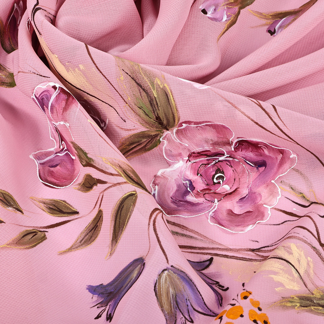 Floral Hand-Painted 100% Silk Scarf in a Pink Base Hue - Primaveral Tenderness