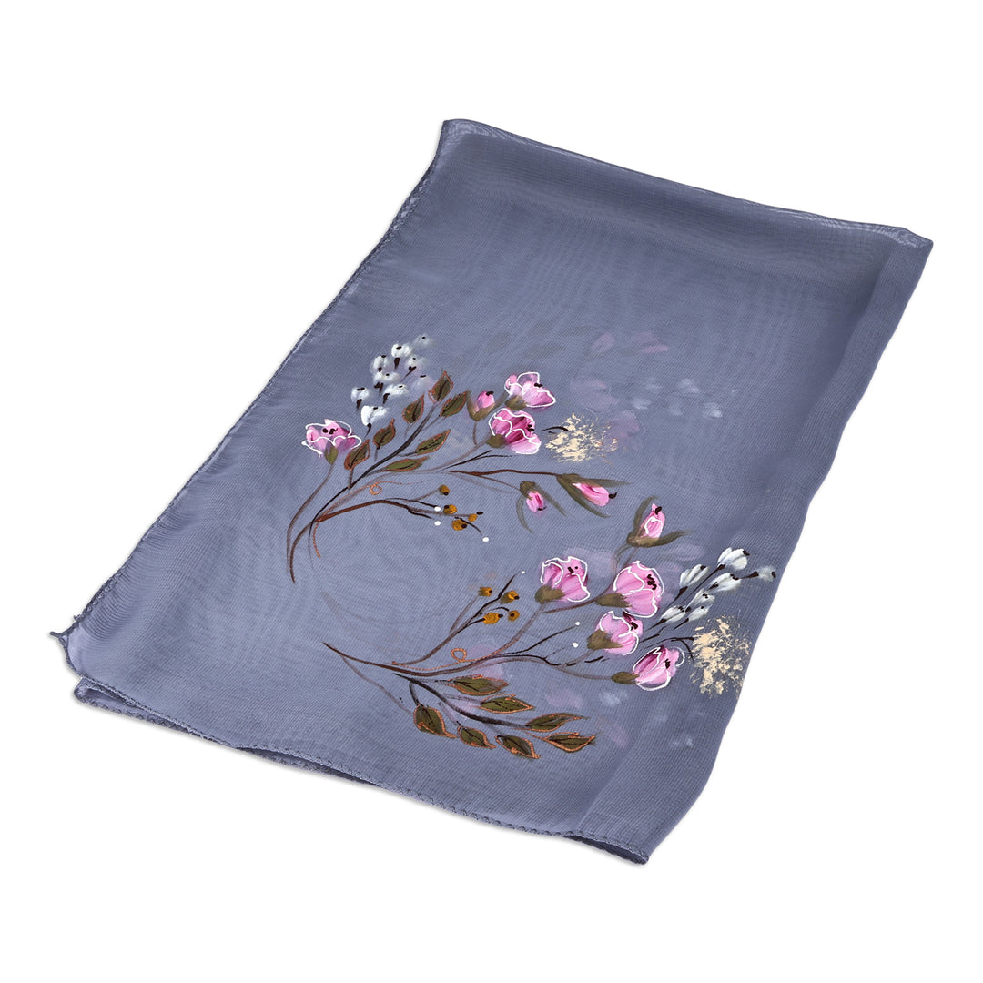 Hand-Painted Floral-Themed Soft Grey 100% Silk Scarf - Serene Blooming