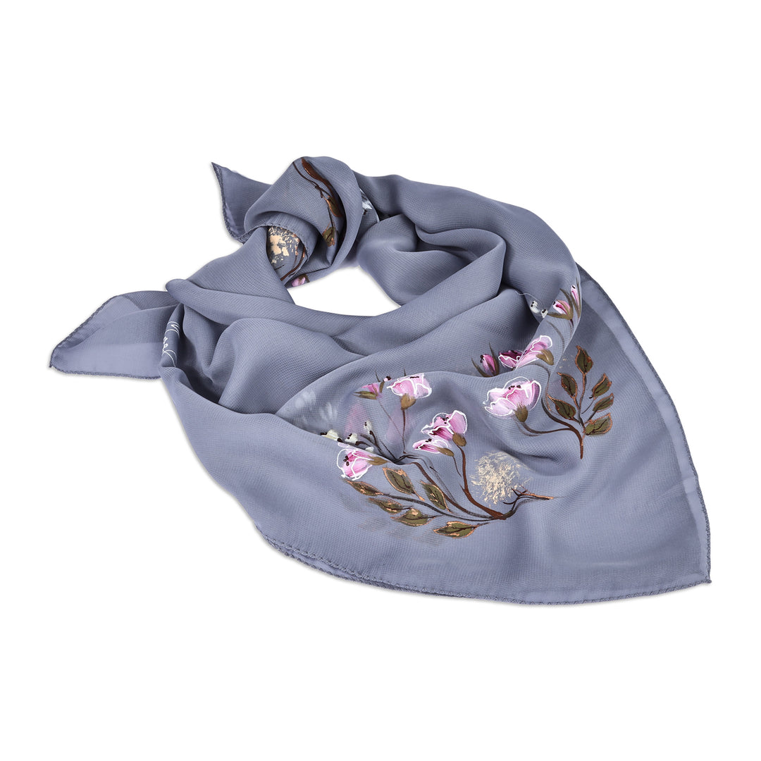 Hand-Painted Floral-Themed Soft Grey 100% Silk Scarf - Serene Blooming