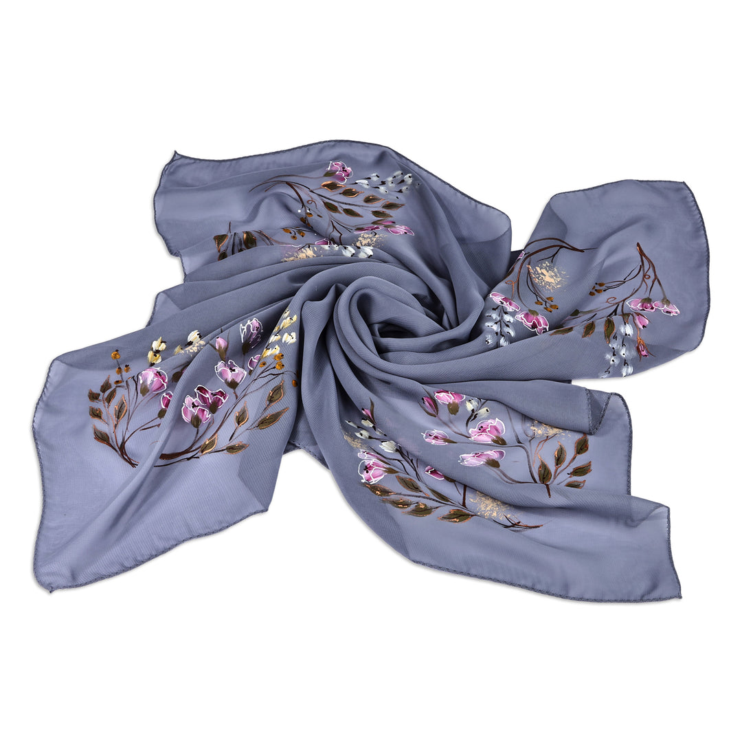 Hand-Painted Floral-Themed Soft Grey 100% Silk Scarf - Serene Blooming