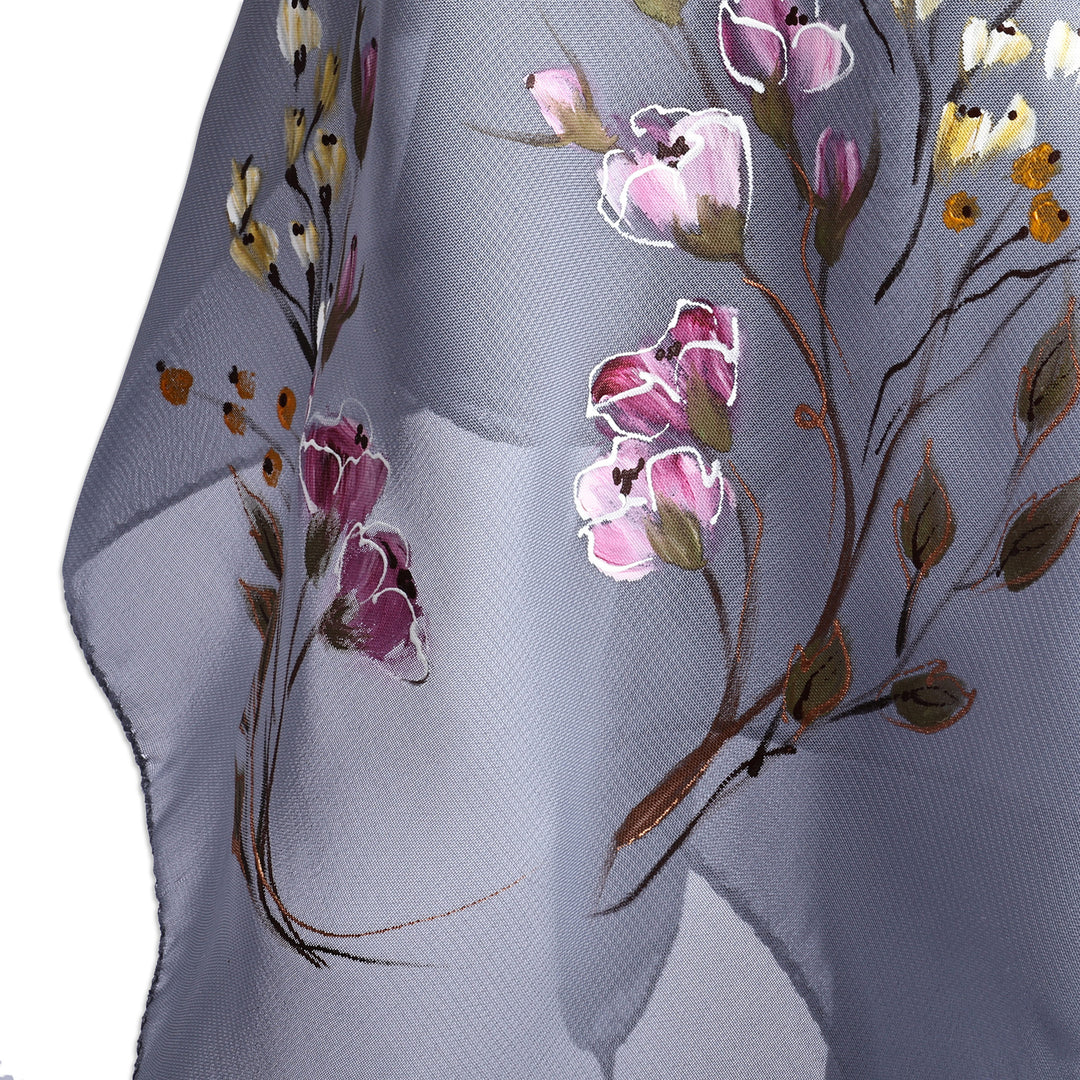 Hand-Painted Floral-Themed Soft Grey 100% Silk Scarf - Serene Blooming