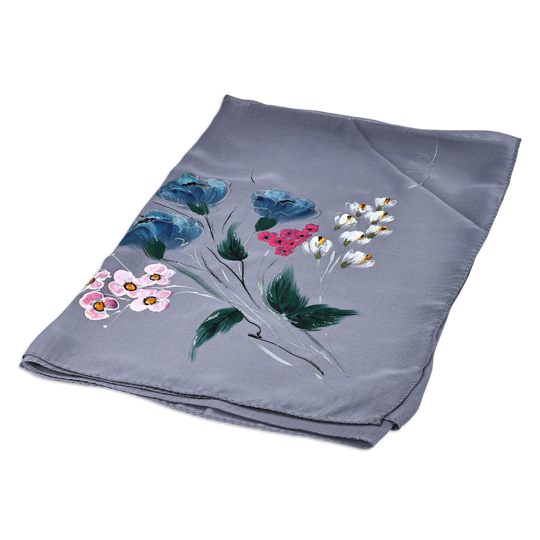 Floral Hand-Painted 100% Silk Scarf in a Grey Base Hue - Primaveral Serenity