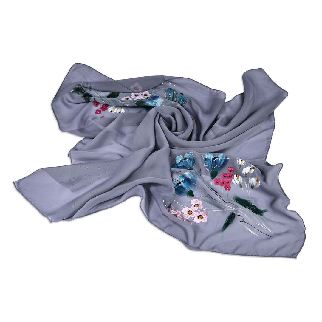 Floral Hand-Painted 100% Silk Scarf in a Grey Base Hue - Primaveral Serenity