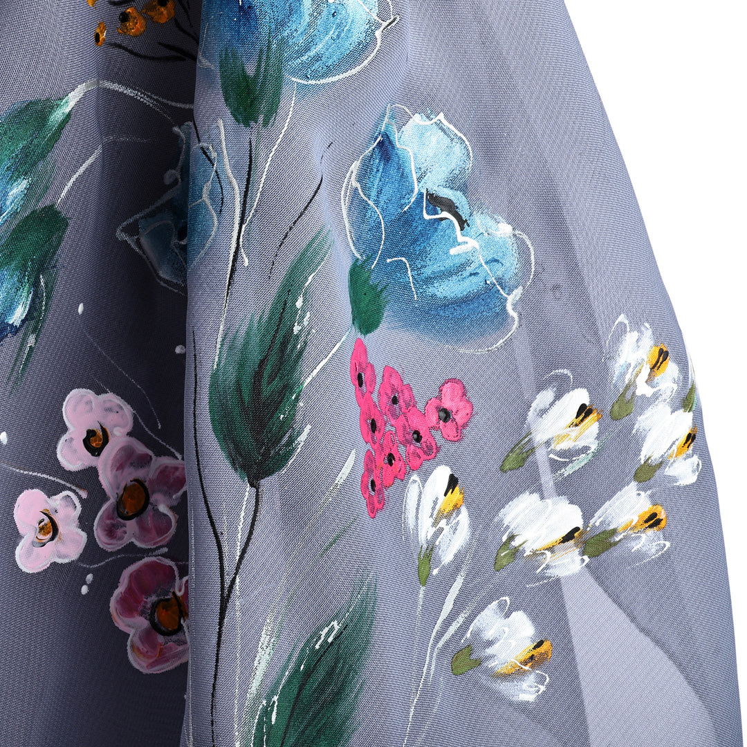 Floral Hand-Painted 100% Silk Scarf in a Grey Base Hue - Primaveral Serenity