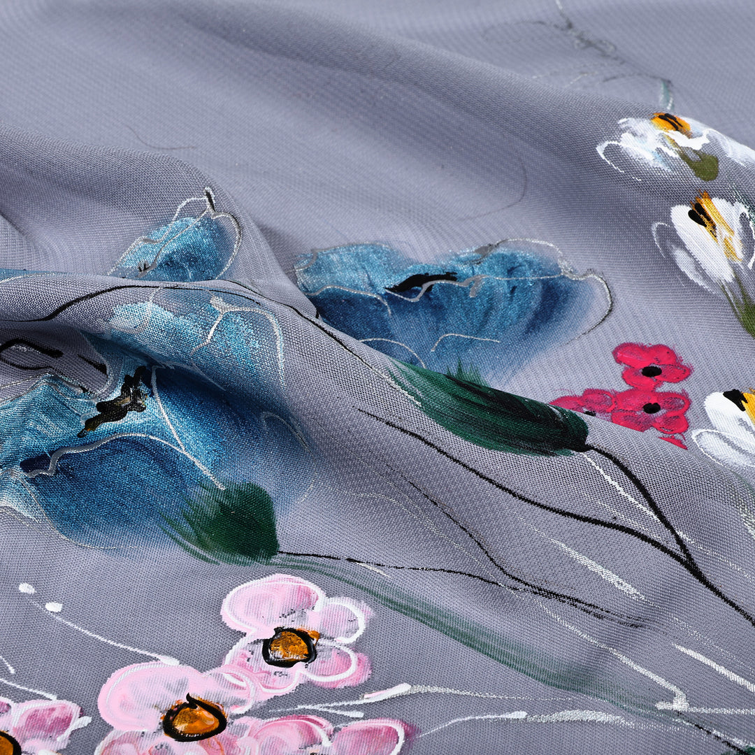 Floral Hand-Painted 100% Silk Scarf in a Grey Base Hue - Primaveral Serenity