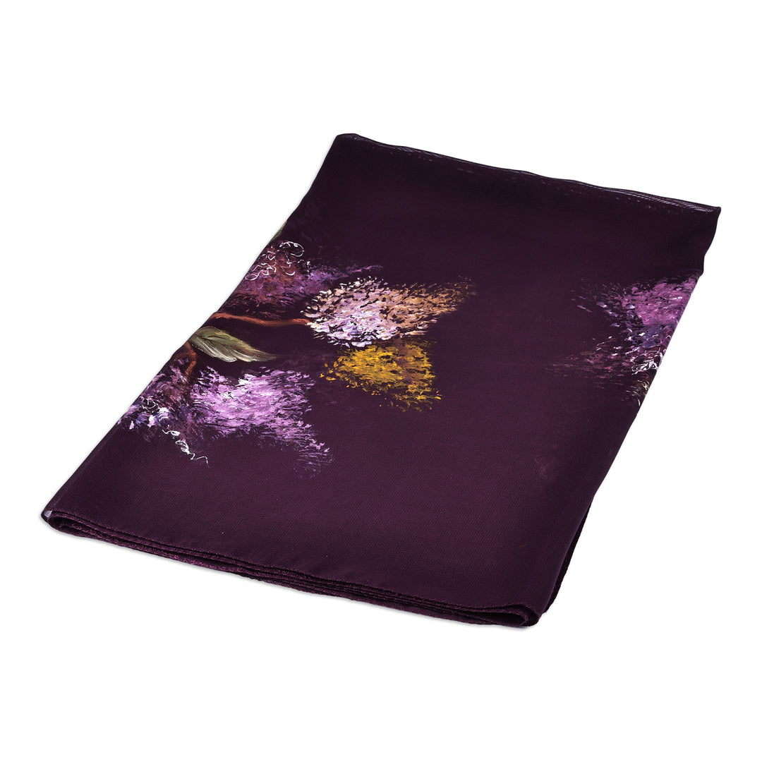 Hand-Painted Floral-Themed Soft Purple 100% Silk Scarf - Luxurious Blooming