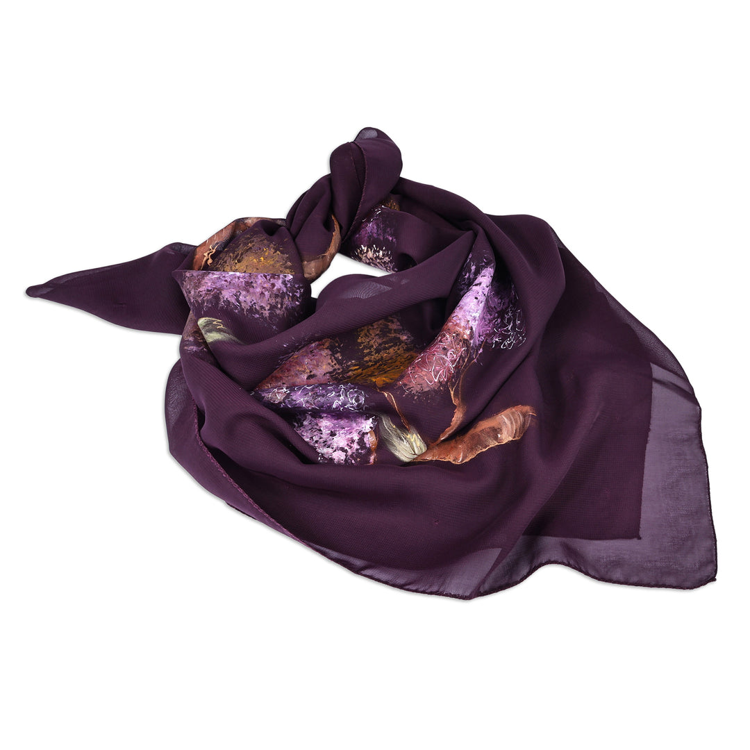Hand-Painted Floral-Themed Soft Purple 100% Silk Scarf - Luxurious Blooming