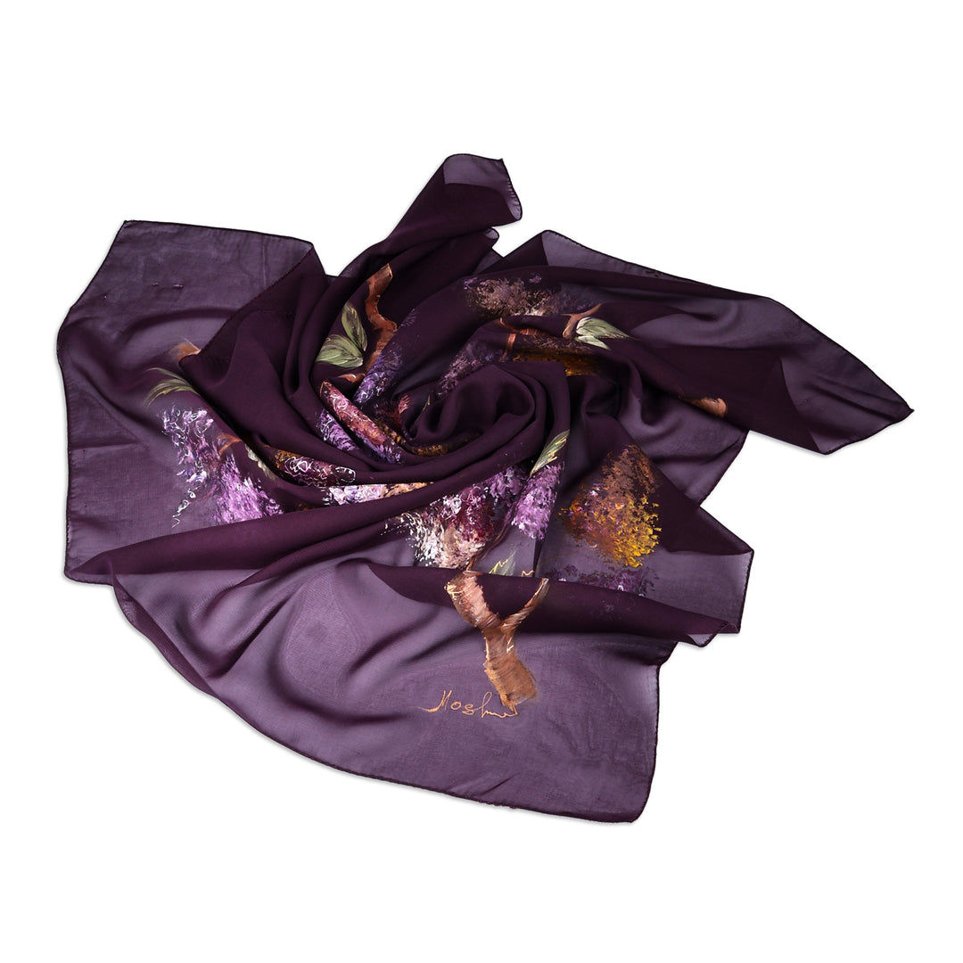 Hand-Painted Floral-Themed Soft Purple 100% Silk Scarf - Luxurious Blooming